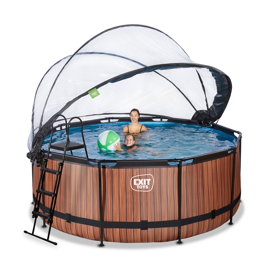 Exit Wood Pool Ø360X122Cm Med Sandfilterpump Och Tak - Brun