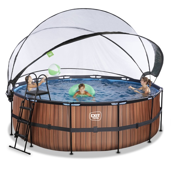 Exit Wood Pool Ø427X122Cm Med Sandfilterpump Och Tak Och Värmepump - Brun