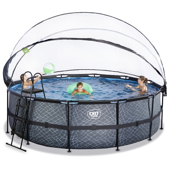 Exit Stone Pool Ø450X122Cm Med Sandfilterpump Och Tak Och Värmepump - Grå