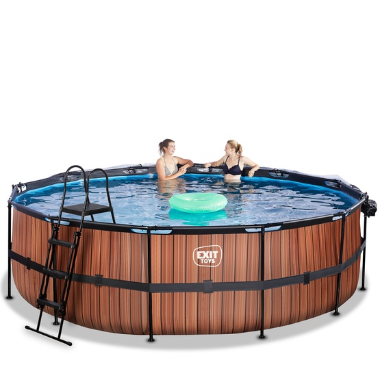 Exit Wood Pool Ø488X122Cm Med Sandfilterpump Och Tak - Brun