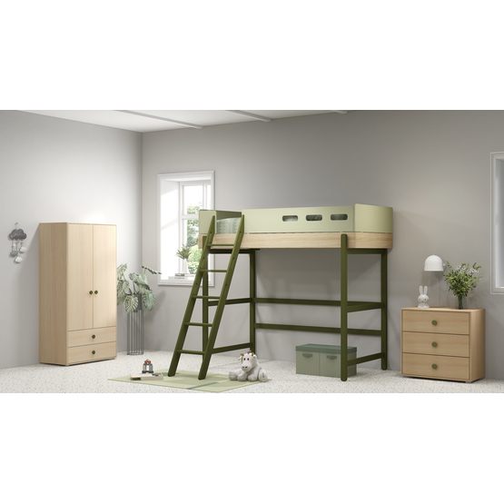 flexa flexa - loftsäng hög 90x200 cm ekram och lutande stege - grön