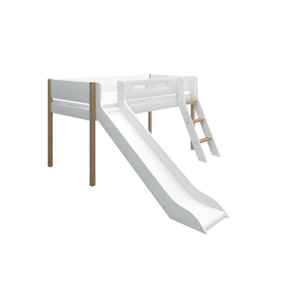 flexa flexa - loftsäng 90x200 cm midsleep med ekben och rutschkana - lutande stege - vit