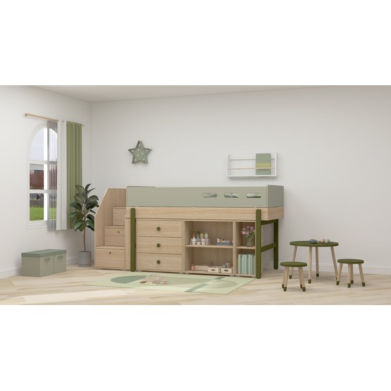 flexa flexa - loftsäng 90x200 cm ekram midsleep med trappa och förvaring - grön