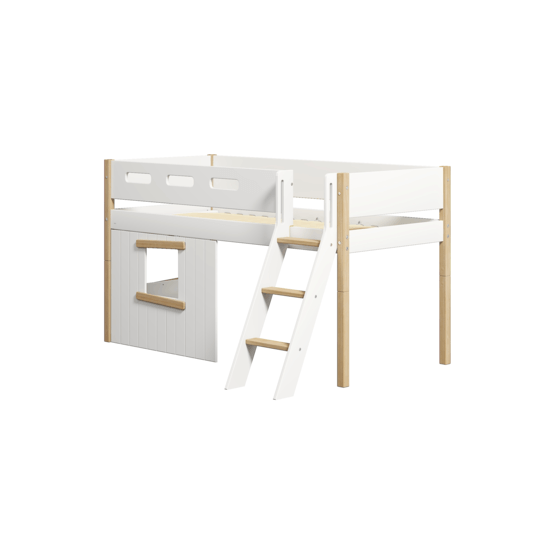 Flexa - Loftsäng Trähus Med Ekben Och Ekfönster 90x200 Cm - Lutande Stege Vit