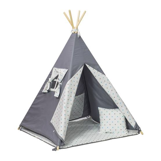 PQP - Wigwam Teepee-tält med matta och kudde - Grå/Blå Stjärnor
