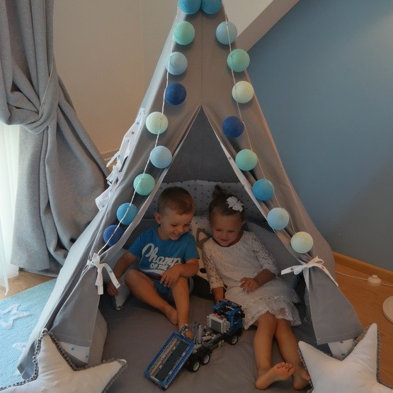 Wigwam Teepee tält GråBlå Stjärnor PQP Litenleker.se PQP Wigwam Teepee tält GråBlå Stjärnor – PQP