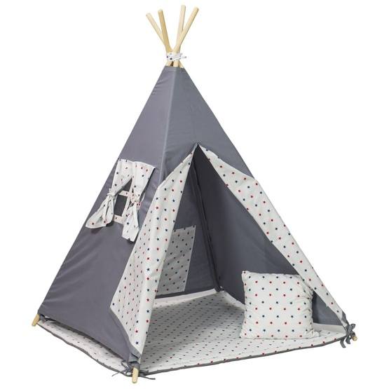 PQP - Wigwam Teepee-tält med matta och kudde - Blå/Röda Stjärnor