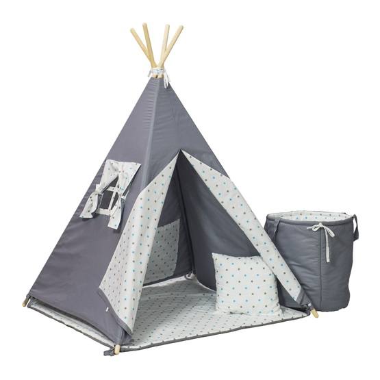 PQP - Wigwam Teepee-tält med matta, korg och kudde - Grå/Blå Stjärnor