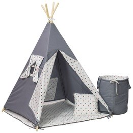 Wigwam Teepee-tält med korg - Blå/Röda Stjärnor