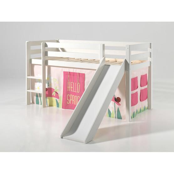 vipack miniloftsäng vit med gardin och rutschkana - vår