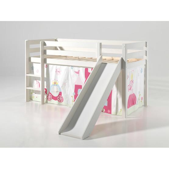 vipack miniloftsäng vit med gardin och rutschkana - princess