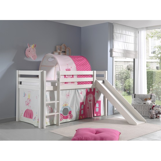 vipack miniloftsäng vit med gardin, rutschkana och tunnel - princess
