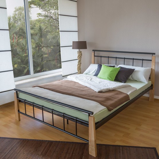 Homestyle4u Dubbelsäng - Metallram - Svart/Natur - Ram 5072 - 160x200 Cm