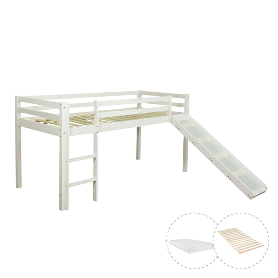 Loftsäng 90x200 Cm Med Madrass Och Rutschkana - Vit