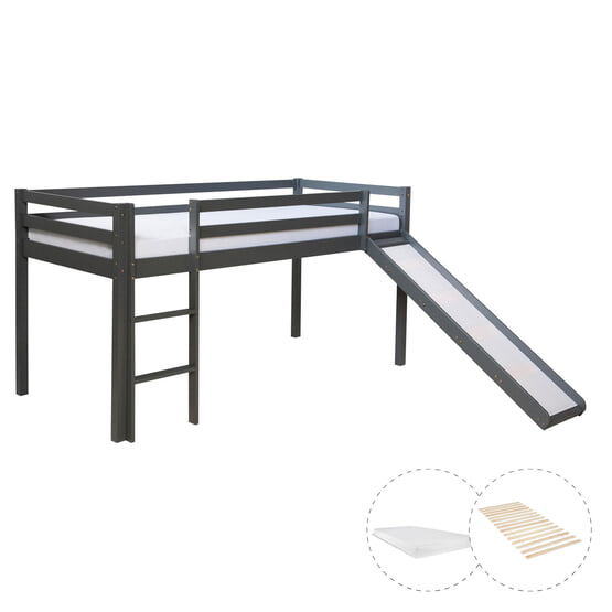 Loftsäng 90x200 Cm Med Madrass Och Rutschkana - Grå
