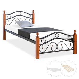 Enkelsäng - Stor Metallram Med Träben - 90x200 Cm - Svart Med Naturben