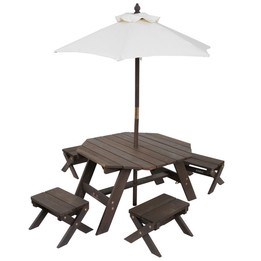Kidkraft - Utemöbler - Octagon Table, Stools & Umbrella Set- Bear Brown & Beige