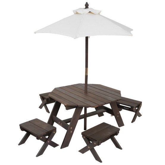 Kidkraft – Utemöbler – Octagon Table Stools & Umbrella Set- Bear Brown & Beige