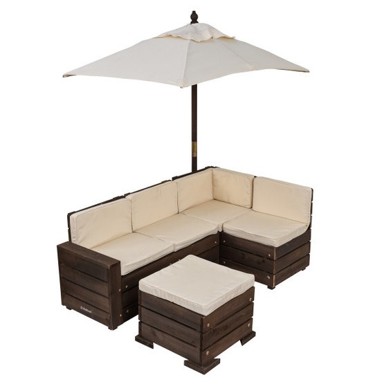 Kidkraft – Utemöbler – Outdoor Sectional Ottoman & Umbrella Set- Bear Brown & Beige