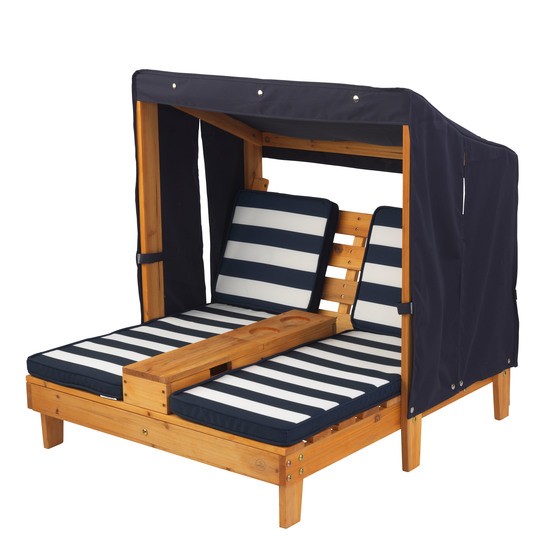 Kidkraft – Double Chaise Lounge With Cup Holders – Honey With Navy & White Stripes
