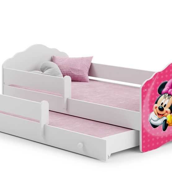 KOBI Barnsäng – Fala Med Madrass Skyddskant Och Extrasäng – Minnie Mouse – 160 x 80 Cm