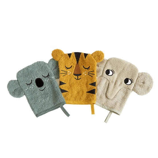Roommate - Tvättvantar - Koala, Tiger, Elephant Set Med 3 St