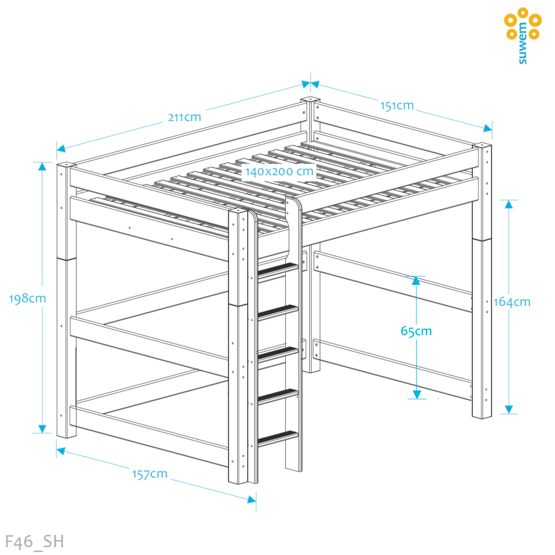 fööniks - väldigt hög loftsäng 140x200 cm - rak stege