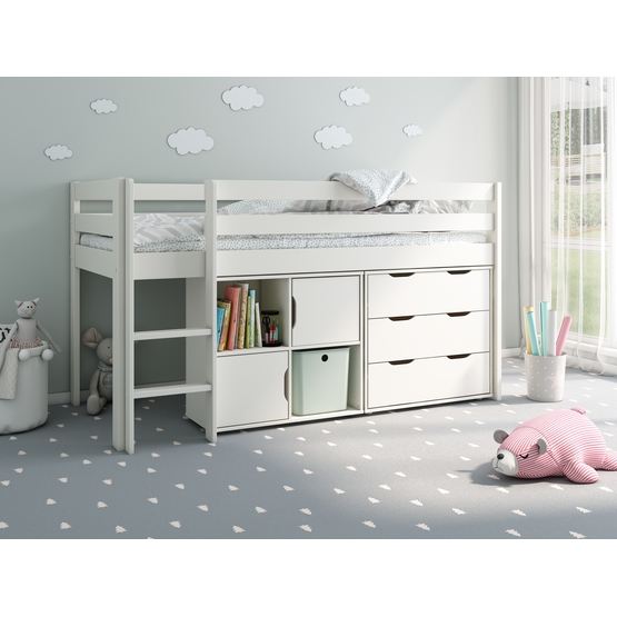 fööniks vipack - robin låg loftsäng med hylla och lådor