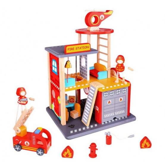 Tooky Toy - Play Set Fire Station 35 Cm Wood Röd 14-Piece