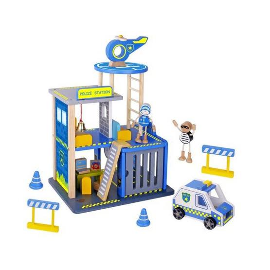 Tooky Toy - Play Set Police Station 35 Cm Wood Blå 14-Piece