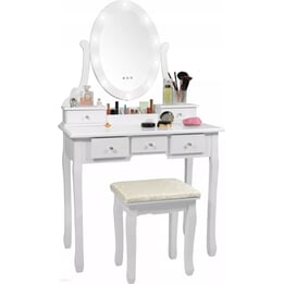 Sminkbord I Trä Vitt - Med Led-Belyst Spegel - Med Matchande Pall - 80X40X137 Cm