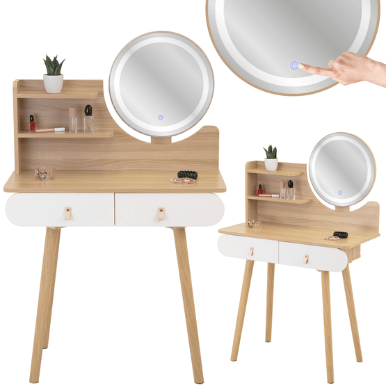 Sminkbord - Sminkbord Med Led-Spegel - 2 Lådor - Vitt Trä