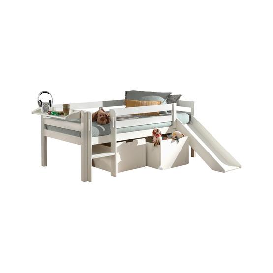 vipack loftsäng pino med rutschkana, 2 lådor och hylla - 90x200 cm - vit