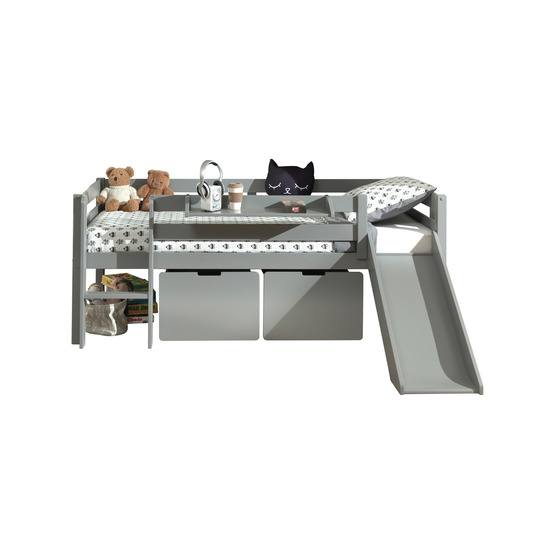 vipack loftsäng pino med rutschkana, 2 lådor och hylla - 90x200 cm - grå