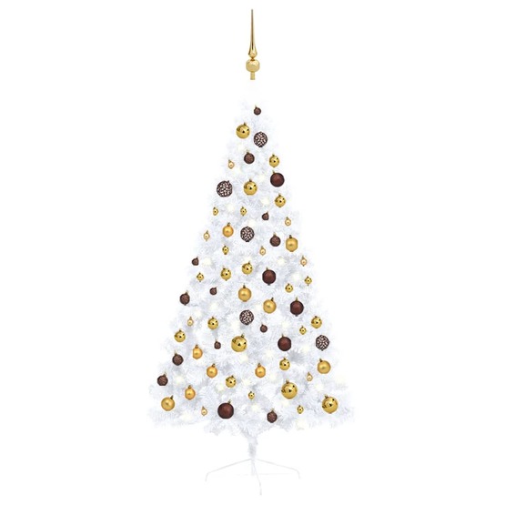 Halv Plastgran Med Led Och Julgranskulor Vit 150 Cm