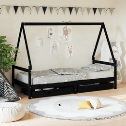 Sängram Med Lådor För Barn Svart 90X190 Cm Massiv Furu