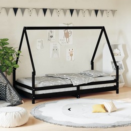 Sängram För Barn Svart 90X190 Cm Massiv Furu