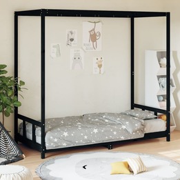 Sängram För Barn Svart 90X190 Cm Massiv Furu