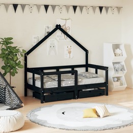 Sängram För Barnsäng M. Lådor Svart 70X140 Cm Massiv Furu